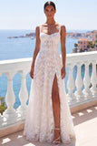 White Lace A Line Long Lace-up Back Beach Wedding Dress with Slit
