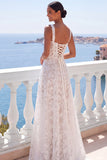 White Lace A Line Long Lace-up Back Beach Wedding Dress with Slit