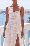 White Lace A Line Long Lace-up Back Beach Wedding Dress with Slit