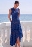 Navy Floral Ruffled High Low Wedding Guest Dress