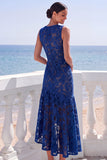 Navy Floral Ruffled High Low Wedding Guest Dress