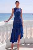 Navy Floral Ruffled High Low Wedding Guest Dress