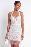 White Halter Neck Lace Short Bodycon Bridal Shower Dress with Tassels