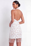 White Halter Neck Lace Short Bodycon Bridal Shower Dress with Tassels