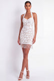 White Halter Neck Lace Short Bodycon Bridal Shower Dress with Tassels