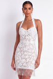 White Halter Neck Lace Short Bodycon Bridal Shower Dress with Tassels