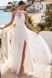 Floral A Line White Appliqued Long Engagement Dress with Slit
