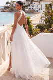 Floral A Line White Appliqued Long Engagement Dress with Slit