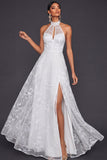 Floral A Line White Appliqued Long Engagement Dress with Slit