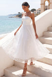 White Strapless A Line Floral Tulle Midi Wedding Reception Dress
