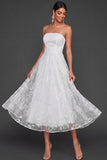 White Strapless A Line Floral Tulle Midi Wedding Reception Dress