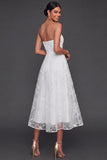 White Strapless A Line Floral Tulle Midi Wedding Reception Dress