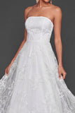 White Strapless A Line Floral Tulle Midi Wedding Reception Dress