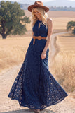 White Lace A Line Long Keyhole Western Wedding Dress