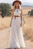 White Lace A Line Long Keyhole Western Wedding Dress