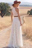 White Lace A Line Long Keyhole Western Wedding Dress