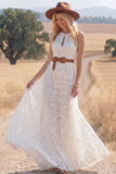 White Lace A Line Long Keyhole Western Wedding Dress