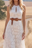 White Lace A Line Long Keyhole Western Wedding Dress