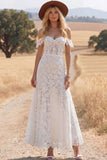 White Lace A Line Corset Long Western Wedding Dress
