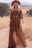 White Lace A Line High Low Half Sleeves Western Wedding Dress
