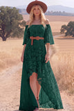 White Lace A Line High Low Half Sleeves Western Wedding Dress