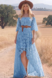 White Lace A Line High Low Half Sleeves Western Wedding Dress
