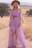 White Lace A Line High Low Half Sleeves Western Wedding Dress