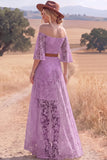 White Lace A Line High Low Half Sleeves Western Wedding Dress