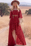White Lace A Line High Low Half Sleeves Western Wedding Dress