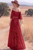 White Lace A Line High Low Half Sleeves Western Wedding Dress