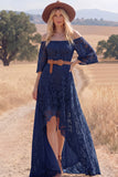White Lace A Line High Low Half Sleeves Western Wedding Dress
