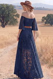 White Lace A Line High Low Half Sleeves Western Wedding Dress