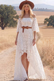 White Lace A Line High Low Half Sleeves Western Wedding Dress