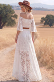 White Lace A Line High Low Half Sleeves Western Wedding Dress