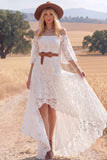 White Lace A Line High Low Half Sleeves Western Wedding Dress