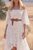 White Lace A Line High Low Half Sleeves Western Wedding Dress