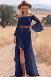 White Lace A Line Long Flutter Sleeves Western Wedding Dress with Slit