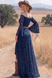 White Lace A Line Long Flutter Sleeves Western Wedding Dress with Slit