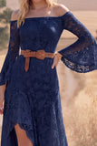 White Lace A Line Long Flutter Sleeves Western Wedding Dress with Slit