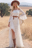 White Lace A Line Long Flutter Sleeves Western Wedding Dress with Slit