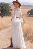 White Lace A Line Long Flutter Sleeves Western Wedding Dress with Slit