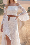 White Lace A Line Long Flutter Sleeves Western Wedding Dress with Slit