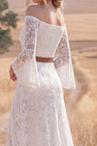 White Lace A Line Long Flutter Sleeves Western Wedding Dress with Slit