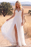 White Lace A Line Long Cap Sleeves Boho Wedding Dress with Slit