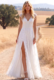 White Lace A Line Long Cap Sleeves Boho Wedding Dress with Slit