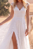 White Lace A Line Long Cap Sleeves Boho Wedding Dress with Slit