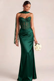 White Mermaid Maxi Corset Satin Basque Waist Wedding Reception Dress with Lace