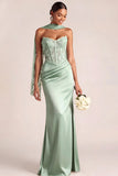 White Mermaid Maxi Corset Satin Basque Waist Wedding Reception Dress with Lace