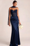 White Mermaid Maxi Corset Satin Basque Waist Wedding Reception Dress with Lace