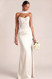 White Mermaid Maxi Corset Satin Basque Waist Wedding Reception Dress with Lace